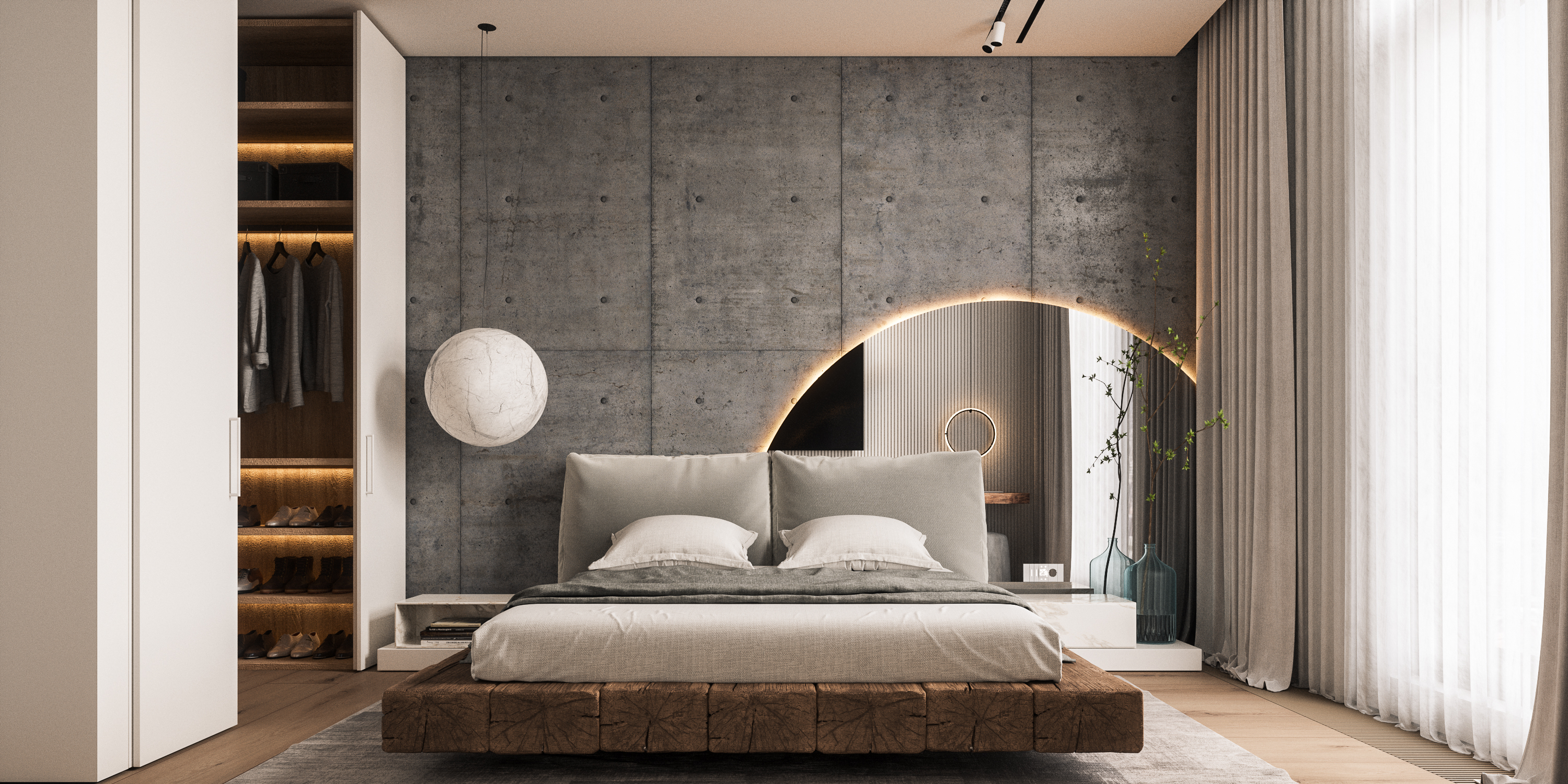 Bucharest Penthouse Interior Design - Modern Industrial Bedroom Wooden Bed - Hype Project - arh. Adrian Ianculescu (1)