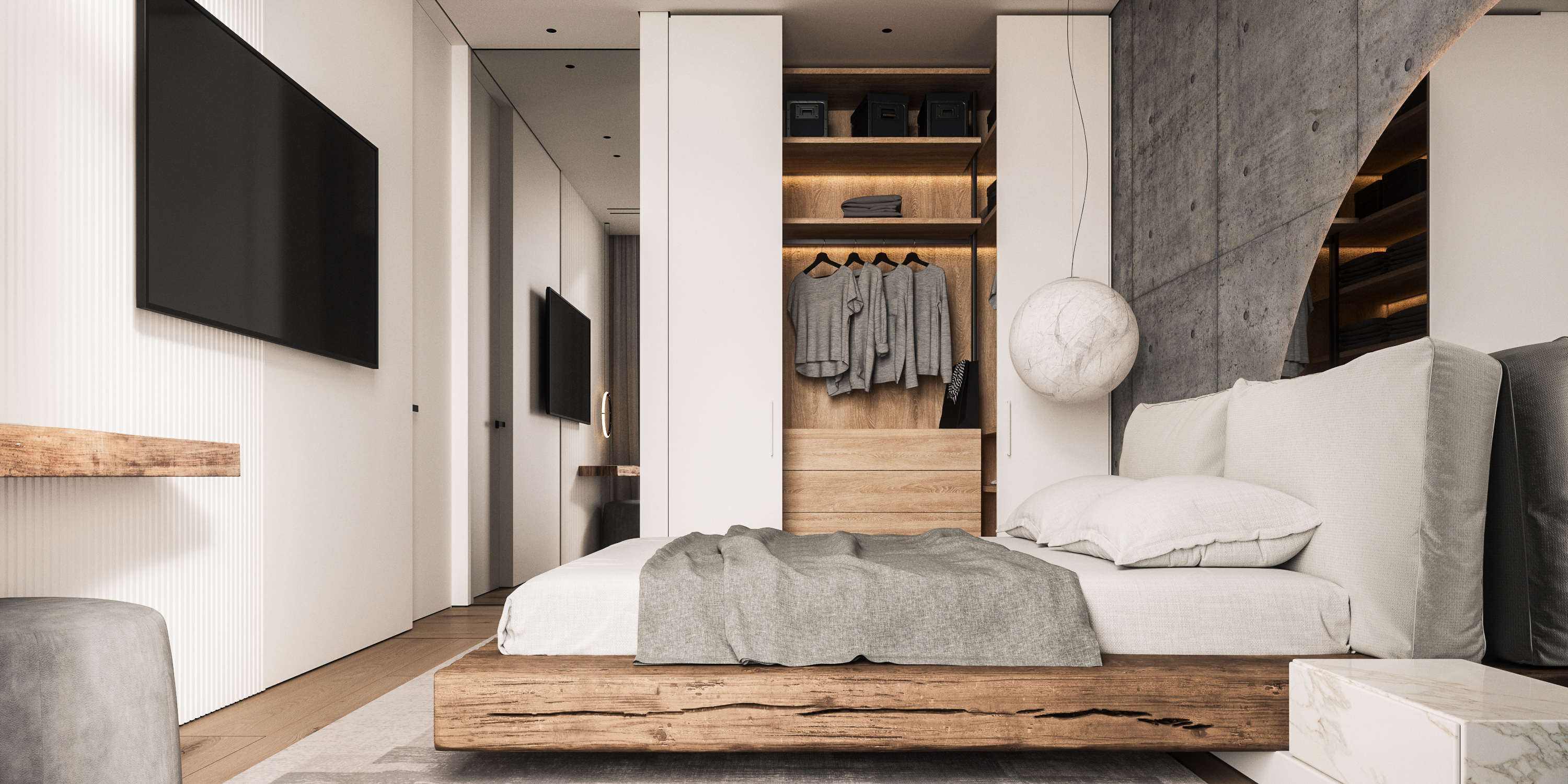 Bucharest Penthouse Interior Design - Modern Industrial Bedroom Wooden Bed - Hype Project - arh. Adrian Ianculescu (2)